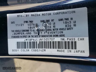 2022 Mazda Mazda3 Hatchback 2.5 S with VIN JM1BPAJL6N1505707, listed as a Copart auction lot 67391702 with 9,578 mi miles. Bid and sale history available at carsss.com. Image 10.
