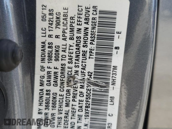 2012 Honda Civic LX z VIN 19XFB2F55CE360542, wystawiony jako Copart lot #59077995 z przebiegiem 139 751 mil mil oraz Szkoda całkowita • Salvage title. Historia ofert i sprzedaży dostępna na DreamBid. Obrazek 12.