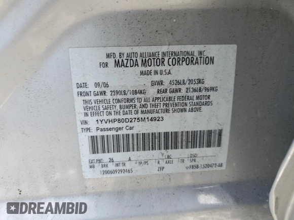 2007 Mazda 6 S Sport VE with VIN 1YVHP80D275M14923, listed as a Copart auction lot 46410194 with 159,285 mi miles and Salvage Title. Bid and sale history available at DreamBid. Image 13.