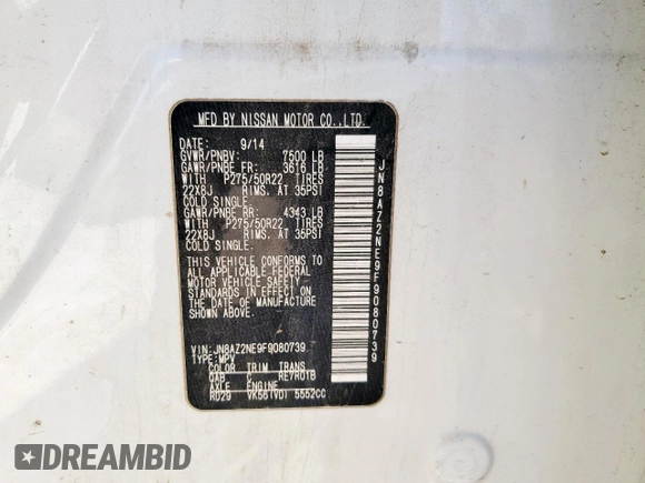 2015 Infiniti QX80 with VIN JN8AZ2NE9F9080739, listed as a Copart auction lot 57627165 with 155,836 mi miles and Salvage title. Bid and sale history available at DreamBid. Image 14.