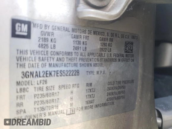2014 Chevrolet Captiva Sport LS with VIN 3GNAL2EK7ES522228, listed as a Copart auction lot 64421744 with 141,616 mi miles and Non Repairable. Bid and sale history available at DreamBid. Image 13.
