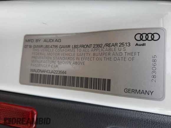 2018 Audi A4 Premium with VIN WAUDNAF43JA223564, listed as a Copart auction lot 45872065 with 65,814 mi miles and Salvage Title. Bid and sale history available at carsss.com. Image 12.