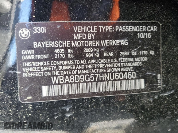 2017 BMW 3 Series 330i xDrive with VIN WBA8D9G57HNU60460, listed as a Copart auction lot 52536005 with 87,941 mi miles and Clean Title. Bid and sale history available at carsss.com. Image 12.