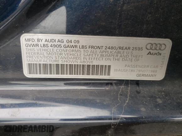 2009 Audi A4 Premium Plus z VIN WAUSF78K79N071988, wystawiony jako Copart lot #56941395 z przebiegiem 68 121 mil mil oraz Szkoda całkowita • Salvage title. Historia ofert i sprzedaży dostępna na DreamBid. Obrazek 13.