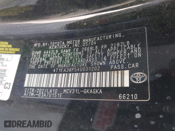 2004 Toyota Solara SE with VIN 4T1FA38P54U031202, listed as a IAAI auction lot 42112551 with 137,398 mi miles and . Bid and sale history available at DreamBid. Image 9.