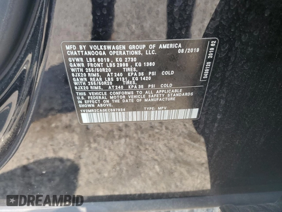 2019 Volkswagen Atlas SEL with VIN 1V2MR2CA0KC597934, listed as a Copart auction lot 59352205 with 50,659 mi miles and Salvage title. Bid and sale history available at DreamBid. Image 13.