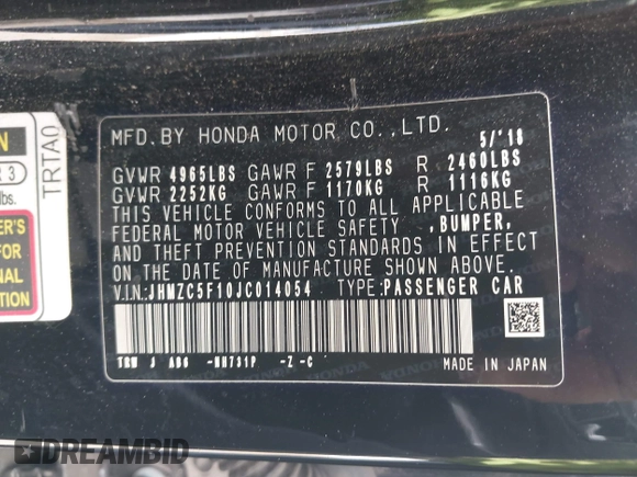 2018 Honda Clarity Plug-In Hybrid with VIN JHMZC5F10JC014054, listed as a IAAI auction lot 41932195 with 100,643 mi miles. Bid and sale history available at carsss.com. Image 9.