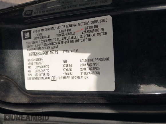2006 Hummer H2 with VIN 5GRGN23U96H116719, listed as a IAAI auction lot 41781406 with 175,118 mi miles. Bid and sale history available at carsss.com. Image 9.
