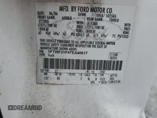2007 Ford F-350 XL with VIN 1FTWF31P47EA40617, listed as a Copart auction lot 58085165 with 165,054 mi miles and Clean title. Bid and sale history available at DreamBid. Image 12.