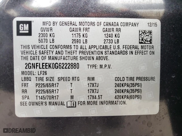 2016 Chevrolet Equinox LS with VIN 2GNFLEEK0G6222880, listed as a Copart auction lot 48226235 with 56,996 mi miles and Salvage Title. Bid and sale history available at carsss.com. Image 14.