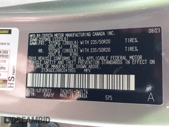2024 Lexus NX 350 F Sport с VIN 2T2KGCEZ6RC041955, выставлен на аукционе IAAI как лот 41988608 с пробегом 22 199 миль миль и . История ставок и продаж доступна на DreamBid. Изображение 9.