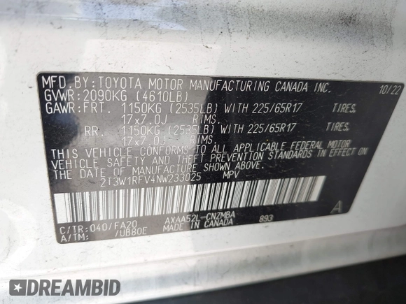 2022 Toyota RAV4 XLE with VIN 2T3W1RFV4NW233025, listed as a IAAI auction lot 42238717 with 39,156 mi miles and . Bid and sale history available at DreamBid. Image 9.