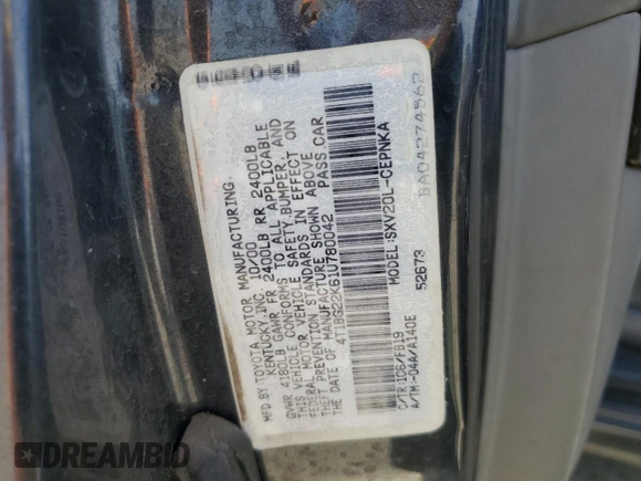 2001 Toyota Camry CE z VIN 4T1BG22K61U780042, wystawiony jako Copart lot #58605455 z przebiegiem 163 833 mil mil oraz Szkoda całkowita • Salvage title. Historia ofert i sprzedaży dostępna na DreamBid. Obrazek 12.