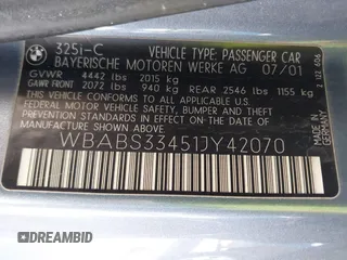 2001 BMW 3 Series 325Ci with VIN WBABS33451JY42070, listed as a IAAI auction lot 42743006 with 177,988 mi miles and . Bid and sale history available at DreamBid. Image 9.