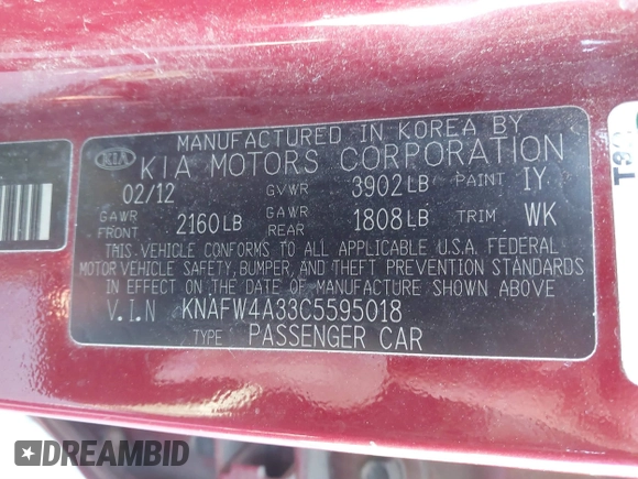 2012 Kia Forte SX with VIN KNAFW4A33C5595018, listed as a IAAI auction lot 41695047 with 187,356 mi miles. Bid and sale history available at carsss.com. Image 9.