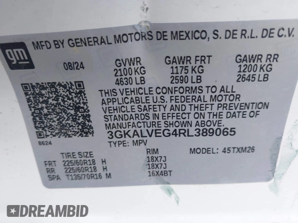 2024 GMC Terrain SLT with VIN 3GKALVEG4RL389065, listed as a IAAI auction lot 42247554 with 9,732 mi miles and . Bid and sale history available at DreamBid. Image 9.