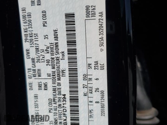 2018 Ford F-150 XL with VIN 1FTEW1EBXJFD71394, listed as a Copart auction lot 52384775 with 185,267 mi miles and Salvage Title. Bid and sale history available at carsss.com. Image 12.