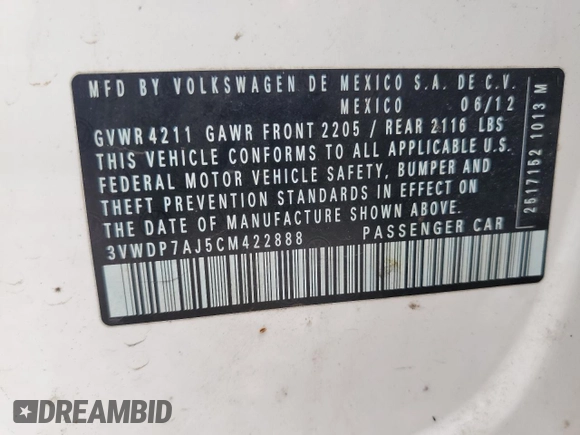 2012 Volkswagen Jetta SE z VIN 3VWDP7AJ5CM422888, wystawiony jako Copart lot #61438925 z przebiegiem 176 450 mil mil oraz Szkoda całkowita • Salvage title. Historia ofert i sprzedaży dostępna na DreamBid. Obrazek 13.