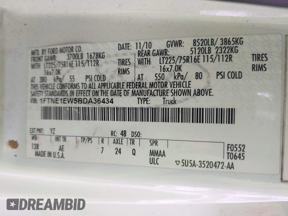 2011 Ford Econoline Cargo Commercial with VIN 1FTNE1EW5BDA36434, listed as a IAAI auction lot 41688109 with 240,000 mi miles and . Bid and sale history available at DreamBid. Image 9.