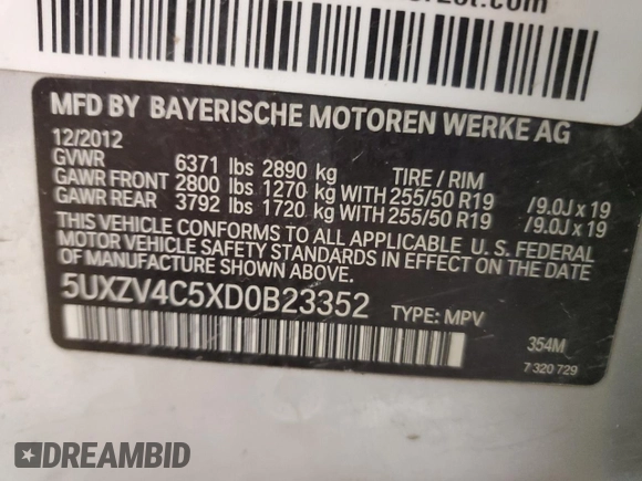 2013 BMW X5 xDrive35i z VIN 5UXZV4C5XD0B23352, wystawiony jako Copart lot #57481655 z przebiegiem 126 891 mil mil oraz Szkody całkowita. Historia ofert i sprzedaży dostępna na DreamBid. Obrazek 12.