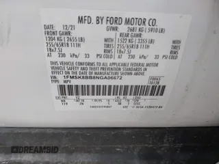 2022 Ford Explorer with VIN 1FMSK8BB8NGA06672, listed as a IAAI auction lot 41577022 with 57,692 mi miles. Bid and sale history available at carsss.com. Image 9.