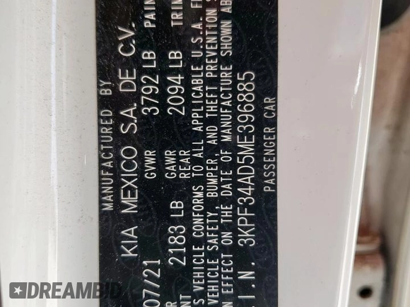 2021 Kia Forte GT-Line z VIN 3KPF34AD5ME396885, wystawiony jako Copart lot #63313945 z przebiegiem 59 429 mil mil oraz Szkoda całkowita • Salvage title. Historia ofert i sprzedaży dostępna na DreamBid. Obrazek 13.