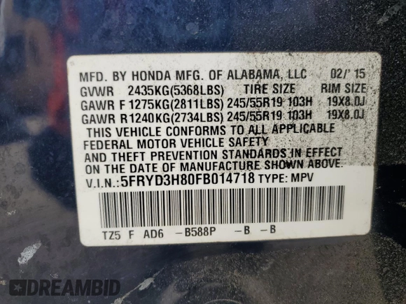 2015 Acura MDX Advance/Entertainment Pkg with VIN 5FRYD3H80FB014718, listed as a Copart auction lot 51899015 with 156,351 mi miles and Clean Title. Bid and sale history available at carsss.com. Image 13.
