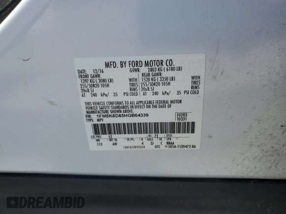 2017 Ford Explorer XLT с VIN 1FM5K8D85HGB64339, выставлен на аукционе Copart как лот 64113565 с пробегом 128 918 миль миль и Списание • Salvage title. История ставок и продаж доступна на DreamBid. Изображение 13.