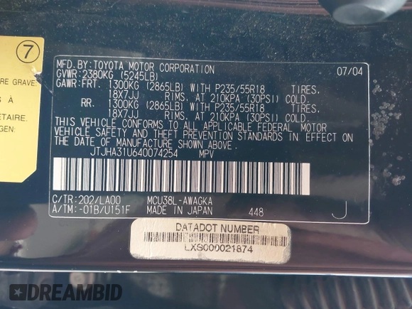 2004 Lexus RX 330 with VIN JTJHA31U640074254, listed as a IAAI auction lot 41573663 with 179,605 mi miles and . Bid and sale history available at DreamBid. Image 9.