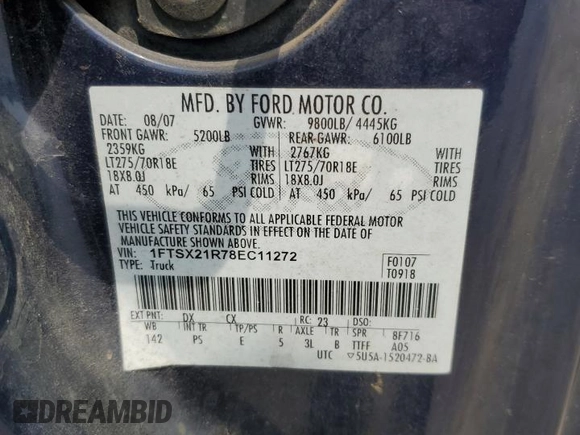 2008 Ford F-250 XL с VIN 1FTSX21R78EC11272, выставлен на аукционе Copart как лот 58296245 с пробегом 397 137 миль миль и Списание • Salvage title. История ставок и продаж доступна на DreamBid. Изображение 12.