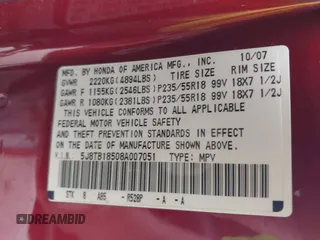 2008 Acura RDX Technology z VIN 5J8TB18508A007051, wystawiony jako IAAI lot #42044312 z przebiegiem 139 419 mil mil oraz . Historia ofert i sprzedaży dostępna na DreamBid. Obrazek 9.