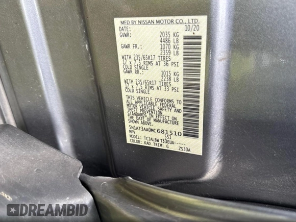 2021 Nissan Rogue S with VIN 5N1AT3AA0MC681510, listed as a Copart auction lot 61508615 with 294,098 mi miles and Clean title. Bid and sale history available at DreamBid. Image 10.