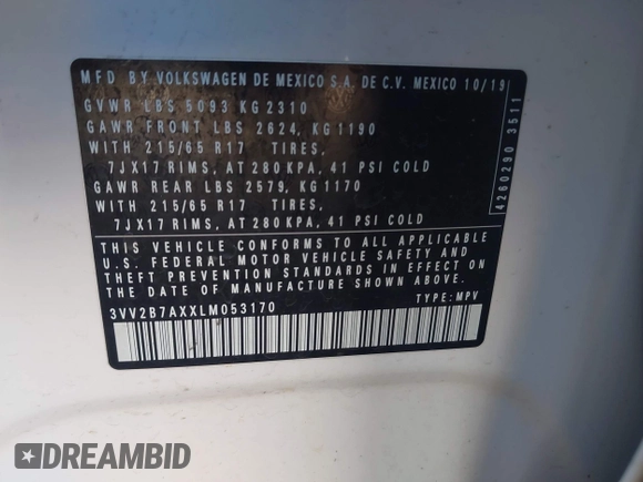 2020 Volkswagen Tiguan SE with VIN 3VV2B7AXXLM053170, listed as a IAAI auction lot 42203372 with 112,794 mi miles and . Bid and sale history available at DreamBid. Image 9.