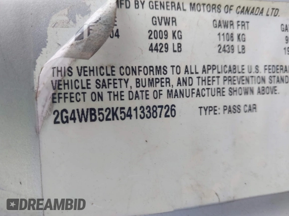 2004 Buick Regal LS with VIN 2G4WB52K541338726, listed as a IAAI auction lot 42487270 with 143,721 mi miles and . Bid and sale history available at DreamBid. Image 9.