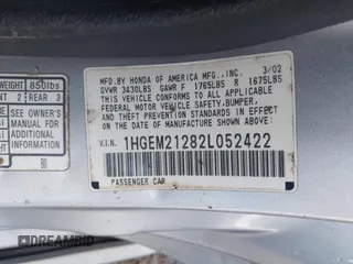 2002 Honda Civic with VIN 1HGEM21282L052422, listed as a IAAI auction lot 41671278 with 168,125 mi miles and . Bid and sale history available at DreamBid. Image 9.