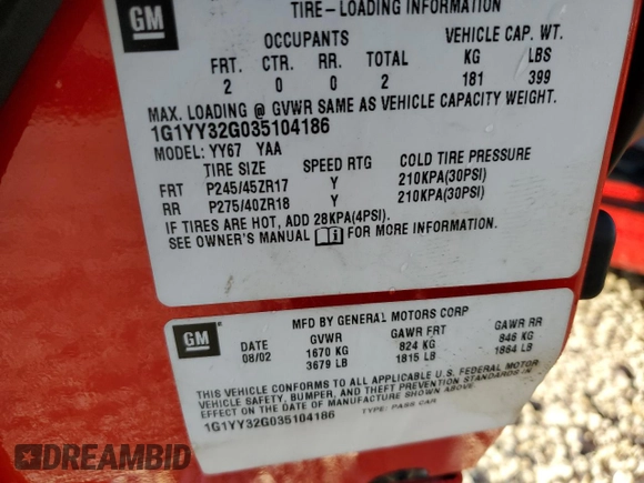 2003 Chevrolet Corvette with VIN 1G1YY32G035104186, listed as a Copart auction lot 45932275 with 149,954 mi miles and Salvage Title. Bid and sale history available at carsss.com. Image 12.