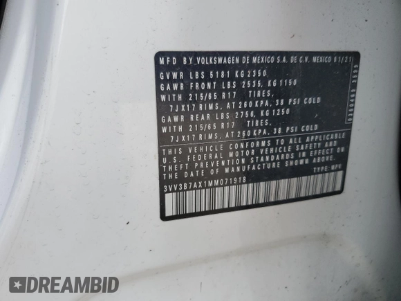 2021 Volkswagen Tiguan SE z VIN 3VV3B7AX1MM071918, wystawiony jako Copart lot #61259035 z przebiegiem 37 267 mil mil oraz Szkoda całkowita • Salvage title. Historia ofert i sprzedaży dostępna na DreamBid. Obrazek 13.