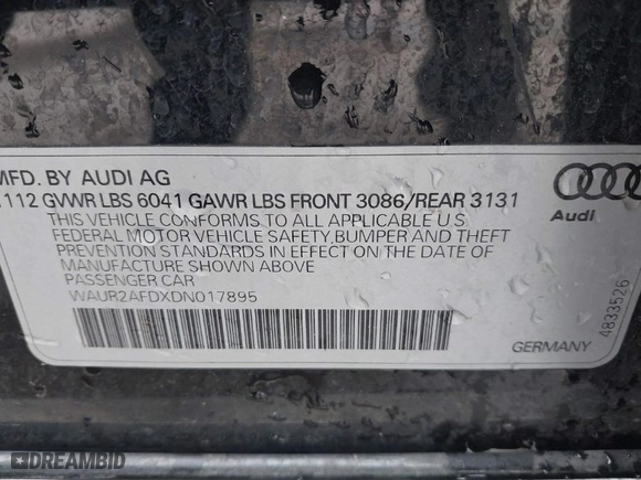 2013 Audi A8 L 4.0L with VIN WAUR2AFDXDN017895, listed as a IAAI auction lot 41609142 with 104,744 mi miles. Bid and sale history available at carsss.com. Image 9.
