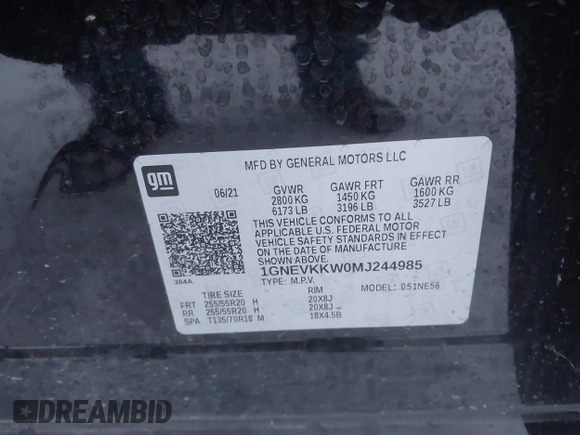 2021 Chevrolet Traverse Premier with VIN 1GNEVKKW0MJ244985, listed as a IAAI auction lot 41173554 with 37,669 mi miles. Bid and sale history available at carsss.com. Image 9.
