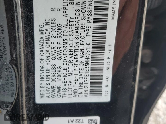 2022 Honda Civic Si with VIN 2HGFE1E55NH473130, listed as a Copart auction lot 46114755 with 34,367 mi miles and Salvage Title. Bid and sale history available at DreamBid. Image 12.