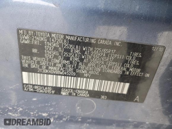 2011 Toyota RAV4 Ltd with VIN 2T3DK4DV8BW045209, listed as a Copart auction lot 46138305 with 250,401 mi miles and Salvage Title. Bid and sale history available at carsss.com. Image 13.