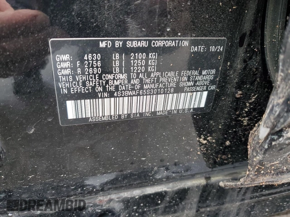2025 Subaru Legacy Premium с VIN 4S3BWAF65S3010128, выставлен на аукционе Copart как лот 57115155 с пробегом 3 649 миль миль и Списание • Salvage title. История ставок и продаж доступна на DreamBid. Изображение 13.