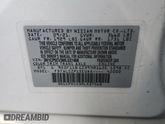 2021 Nissan Kicks SV with VIN 3N1CP5CV3ML537468, listed as a Copart auction lot 42263025 with 44,206 mi miles and Non Repairable. Bid and sale history available at DreamBid. Image 13.