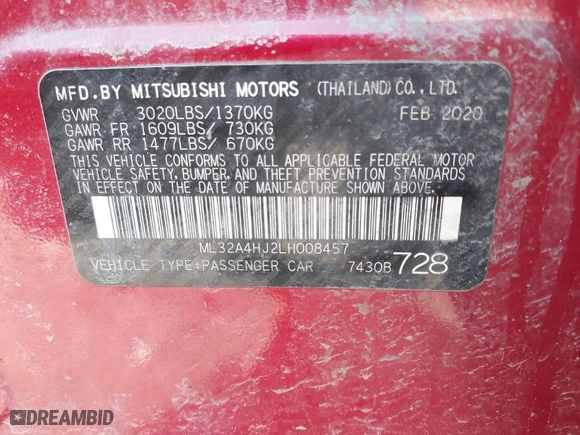 2020 Mitsubishi Mirage SE with VIN ML32A4HJ2LH008457, listed as a IAAI auction lot 41811790 with 77,518 mi miles. Bid and sale history available at carsss.com. Image 9.