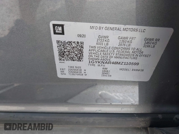 2021 Cadillac XT5 FWD Luxury with VIN 1GYKNAR48MZ110599, listed as a IAAI auction lot 42100383 with 46,775 mi miles and . Bid and sale history available at DreamBid. Image 9.