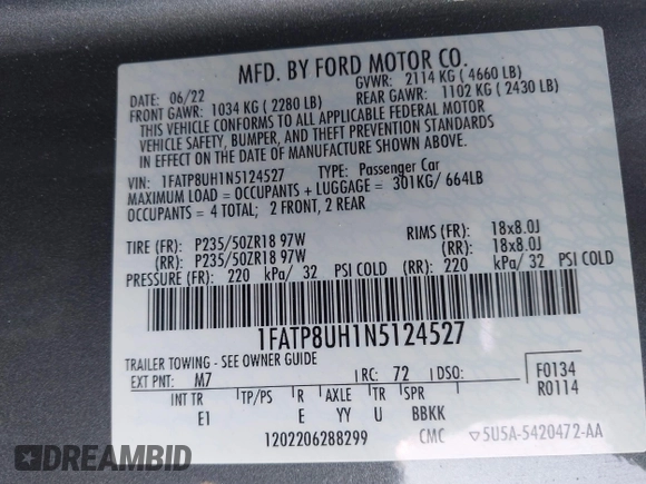 2022 Ford Mustang EcoBoost with VIN 1FATP8UH1N5124527, listed as a IAAI auction lot 41716969 with 32,726 mi miles. Bid and sale history available at carsss.com. Image 9.