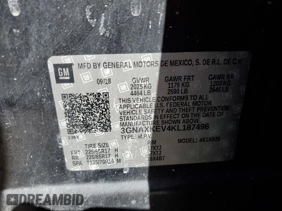 2019 Chevrolet Equinox LT z VIN 3GNAXKEV4KL187496, wystawiony jako Copart lot #49345835 z przebiegiem 99 016 mil mil oraz Szkoda całkowita • Salvage title. Historia ofert i sprzedaży dostępna na DreamBid. Obrazek 14.