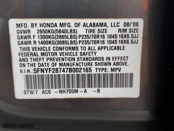 2007 Honda Pilot EX-L with VIN 5FNYF28747B002165, listed as a Copart auction lot 79231344 with 238,829 mi miles and Non Repairable. Bid and sale history available at carsss.com. Image 13.