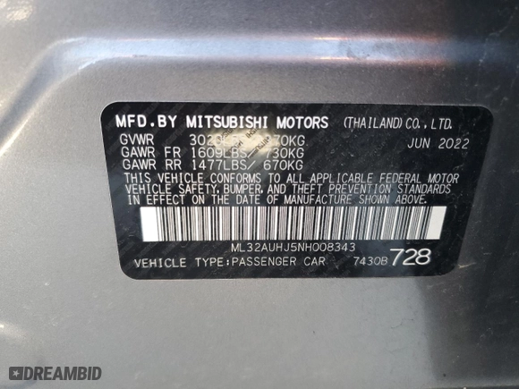 2022 Mitsubishi Mirage ES with VIN ML32AUHJ5NH008343, listed as a Copart auction lot 46995045 with 52,761 mi miles and Salvage Title. Bid and sale history available at carsss.com. Image 12.
