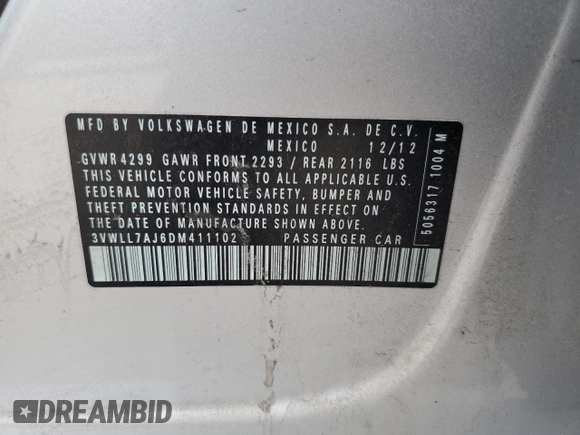 2013 Volkswagen Jetta TDI with VIN 3VWLL7AJ6DM411102, listed as a Copart auction lot 59615725 with 113,215 mi miles and Salvage title. Bid and sale history available at DreamBid. Image 13.
